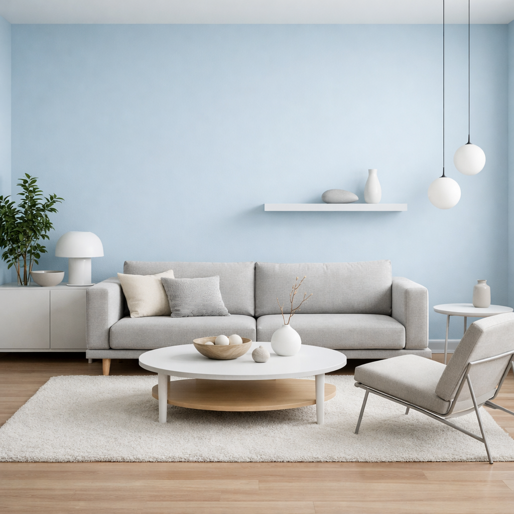 Modern minimalist living room with soft blue tones, gray sofa, and wooden elements.