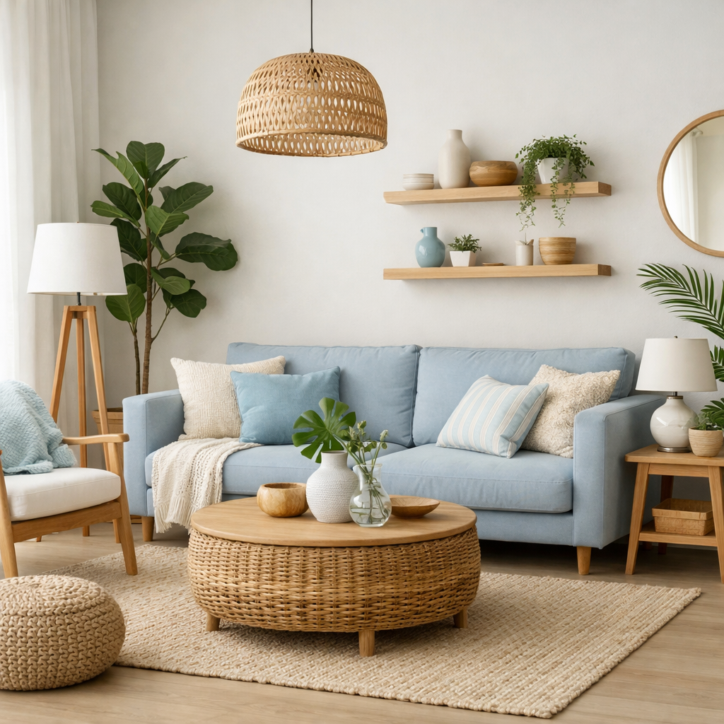 A bright and inviting baby blue living room featuring a blue sofa, greenery, and natural decor elements.
