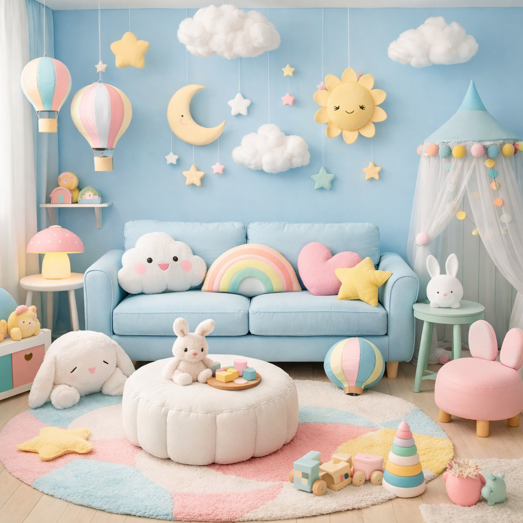 A playful baby blue living room decorated with pastel colors, featuring cozy couches, whimsical decor, and a soft rug.