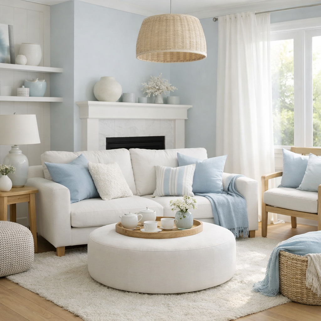 A cozy living room featuring a baby blue and white color scheme, with a white sofa, light blue pillows, and a round coffee table.