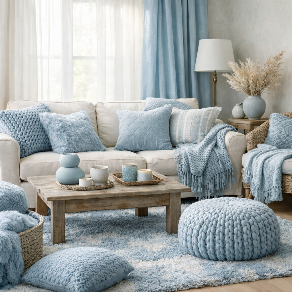 A cozy living room with baby blue textiles, including pillows, blankets, and rugs, creating a warm atmosphere.