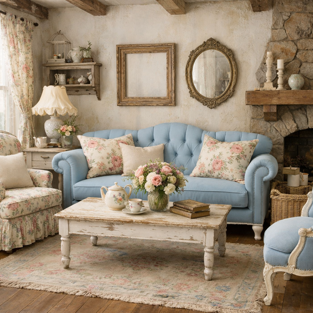 A vintage living room featuring baby blue furniture, floral accents, and a rustic coffee table.