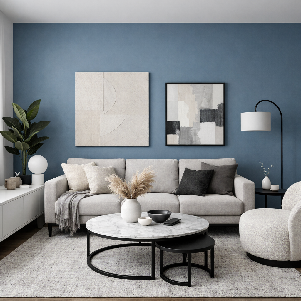 A cozy living room featuring dusty blue accent walls, neutral furniture, and modern decor.