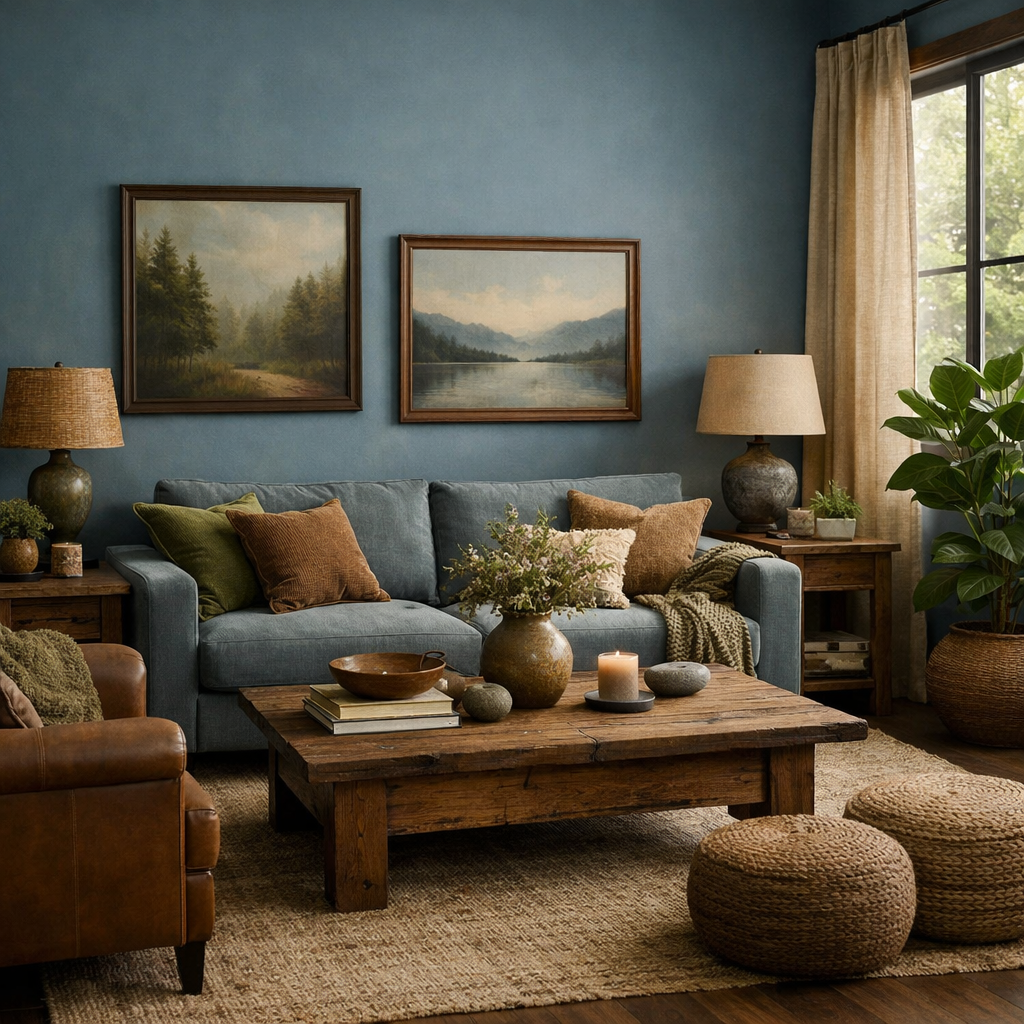 a cozy living room featuring dusty blue walls, a blue couch with earthy toned cushions, wooden furniture, and green plants