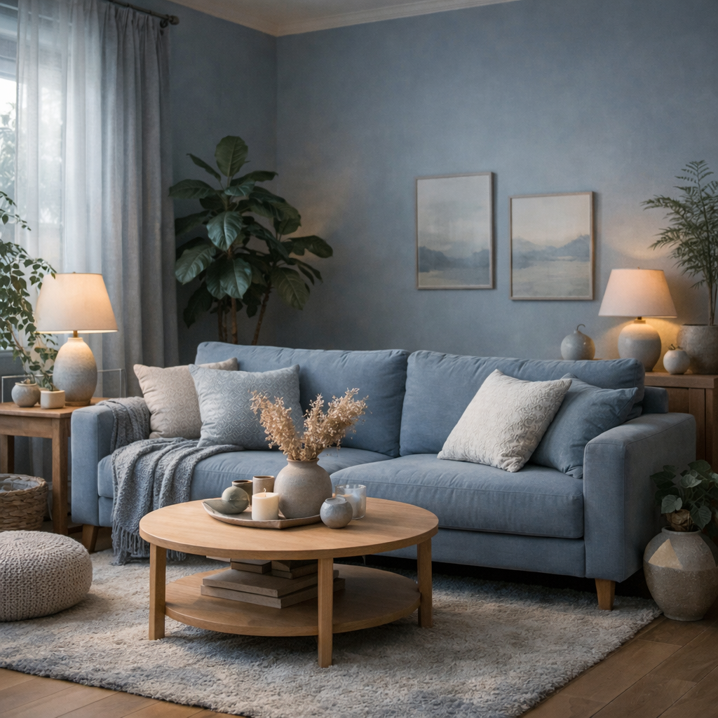 A serene living room featuring a dusty blue couch, wooden furniture, and decorative plants.