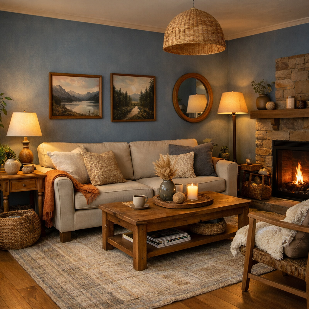 Cozy living room with dusty blue walls and natural wood furniture.