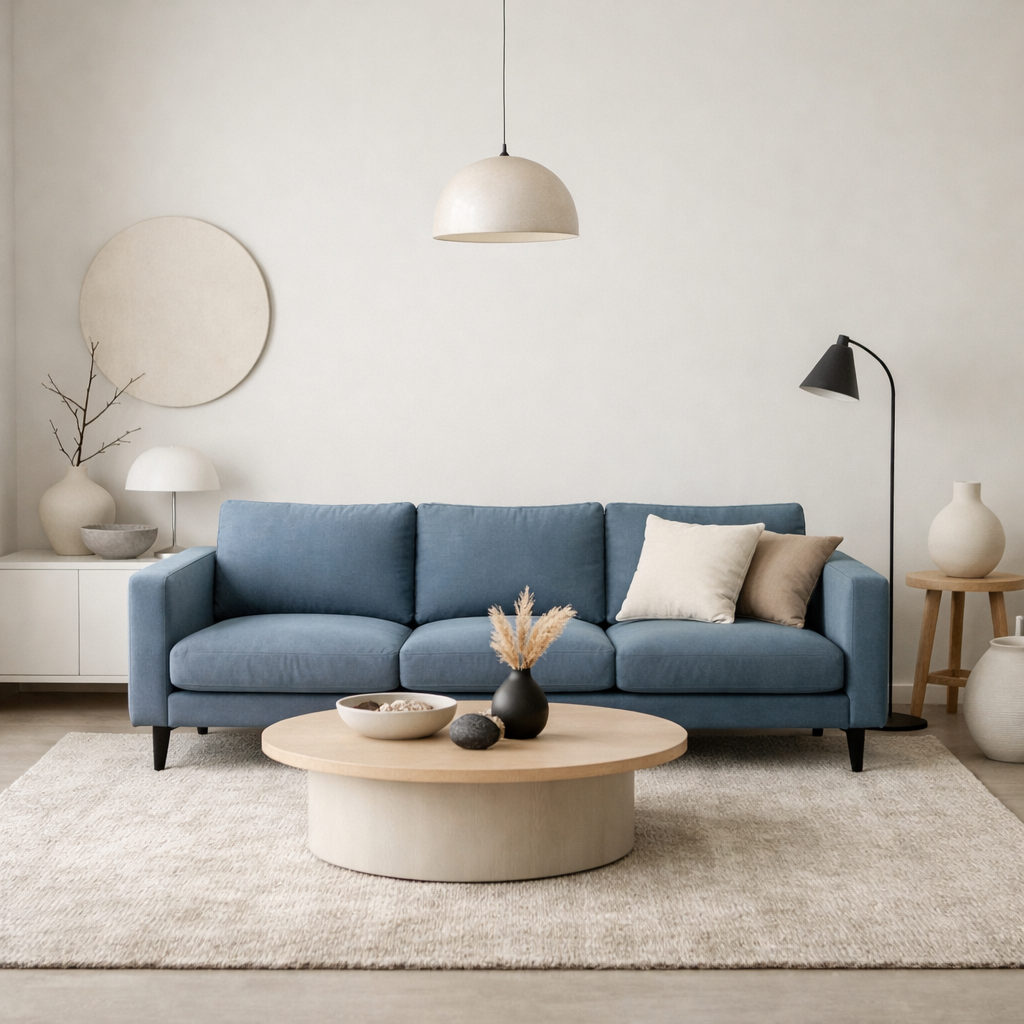 A cozy living room featuring a dusty blue sofa, round wooden coffee table, and stylish decorations.