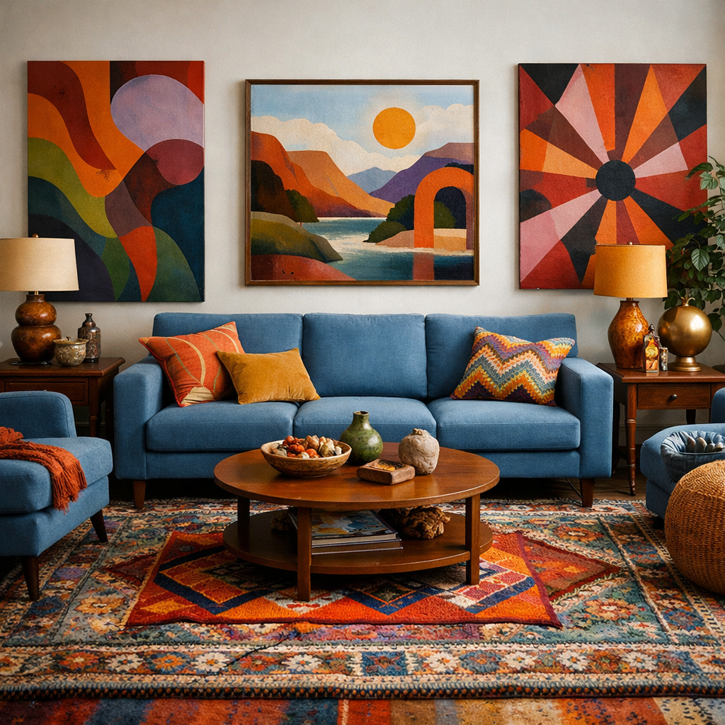 A living room featuring dusty blue furniture with bold patterned artwork and textiles.