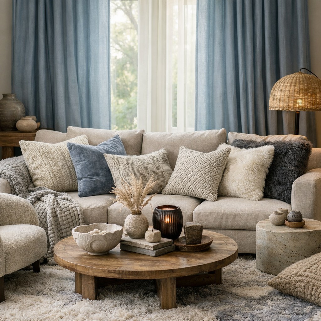 A cozy living room featuring dusty blue curtains and various textured cushions.