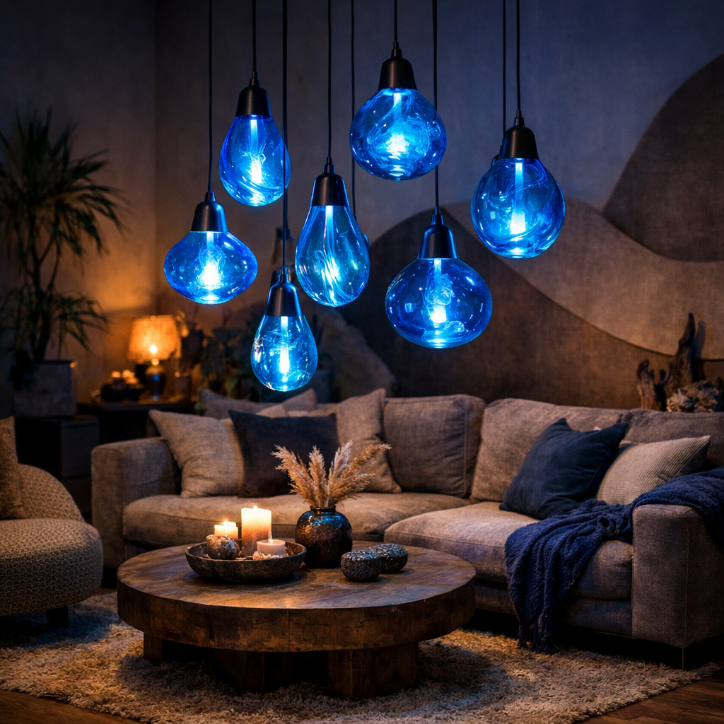 A cozy boho living room with blue hanging light fixtures in various shapes.
