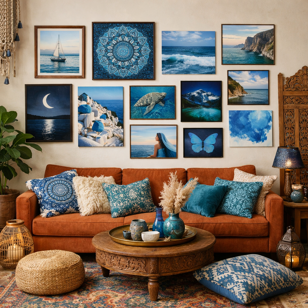A living room with a blue boho theme featuring an eclectic wall art display