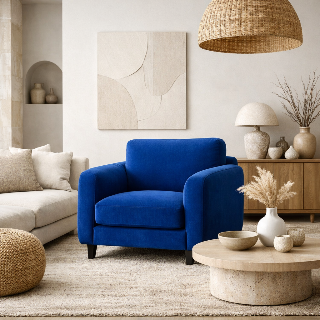 A stylish boho living room featuring a bright blue armchair, a round coffee table, and neutral decor elements.