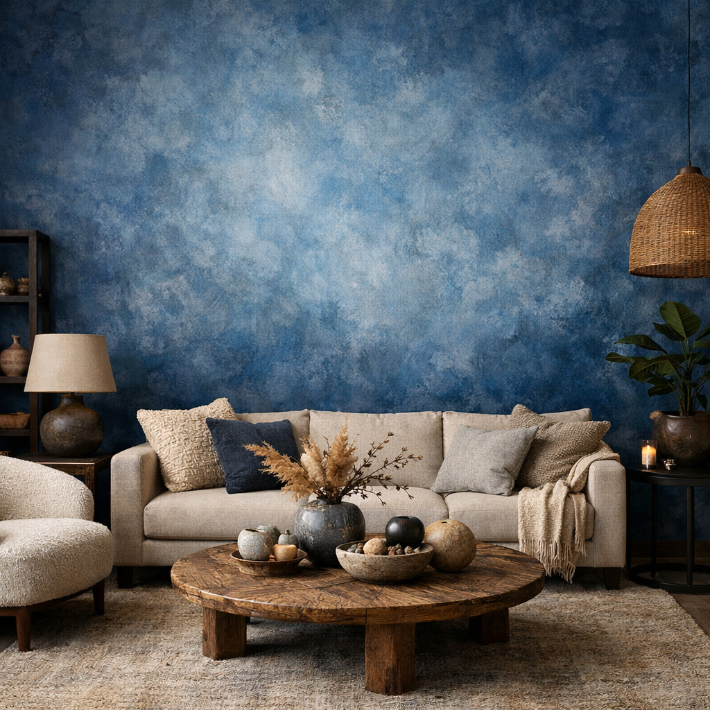 Cozy boho living room with textured blue wall, neutral sofa, and wooden decor