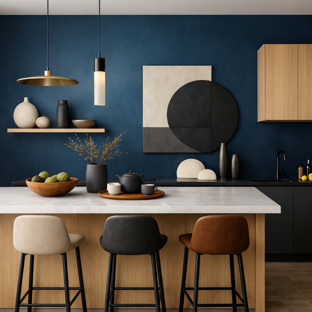 A stylish kitchen featuring a deep blue accent wall, with modern decor and bar stools.
