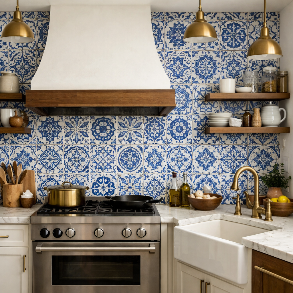 A kitchen with a blue and white tile backsplash, stylish gold fixtures, and light cabinetry.