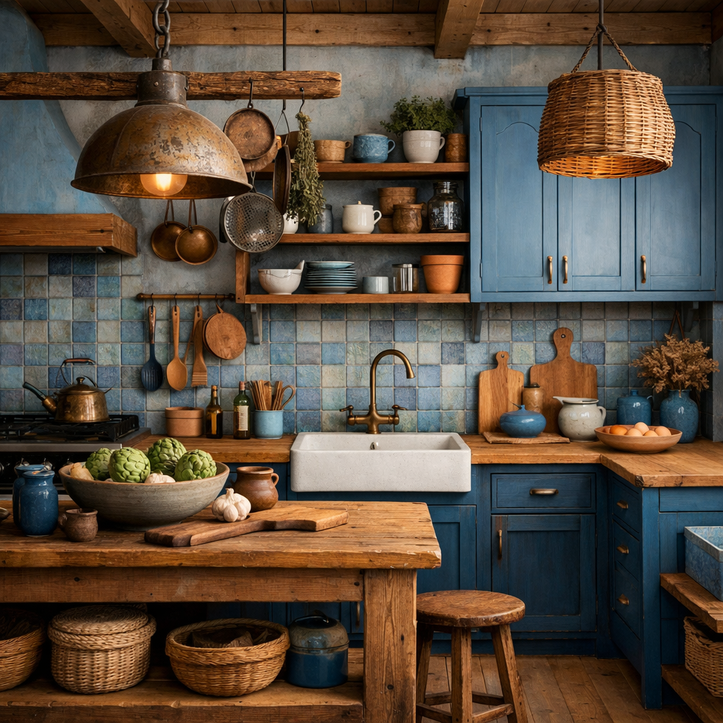 A cozy kitchen featuring blue cabinetry, natural wood shelves, and various blue kitchenware.