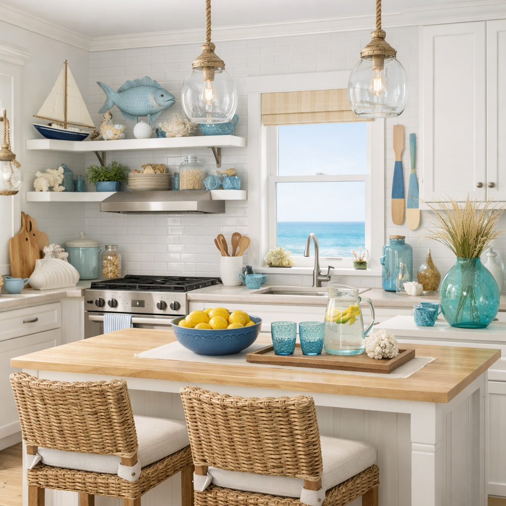 A bright kitchen with nautical-inspired blue accents, featuring glassware, a ship model, and a view of the ocean.