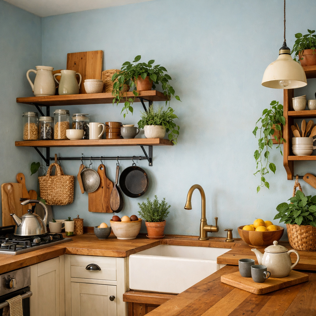 A cozy kitchen with soft blue pastel walls, wooden shelves filled with dishes, and plants adding a touch of greenery.