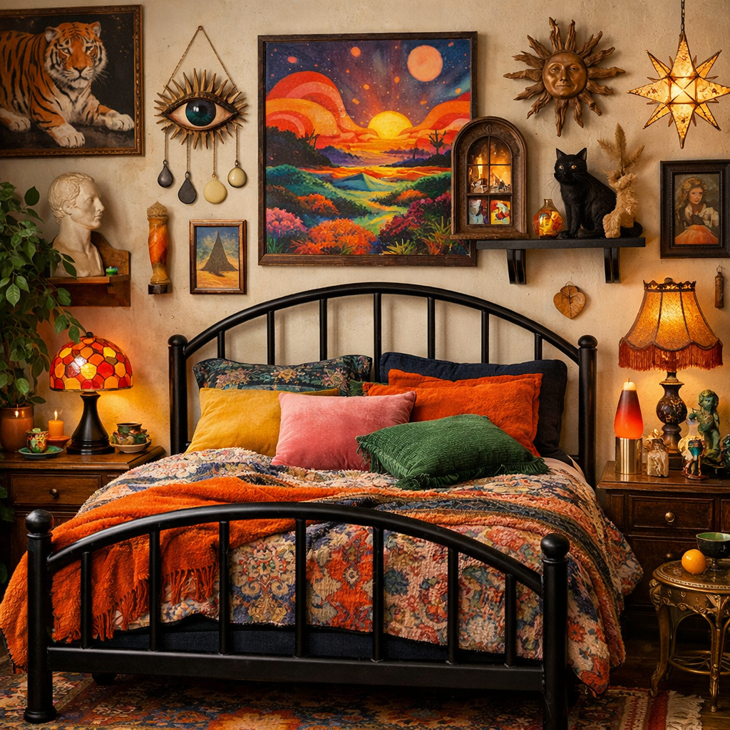 Artistic bedroom featuring a black bed frame, colorful pillows, and eclectic decor.