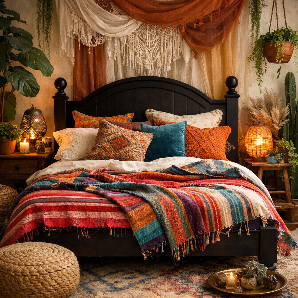 Cozy bohemian bedroom with a black bed frame, colorful pillows, layered textiles, and ambient lighting.