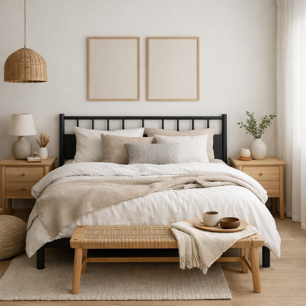 Elegant Scandinavian bedroom with black bed frame and neutral decor