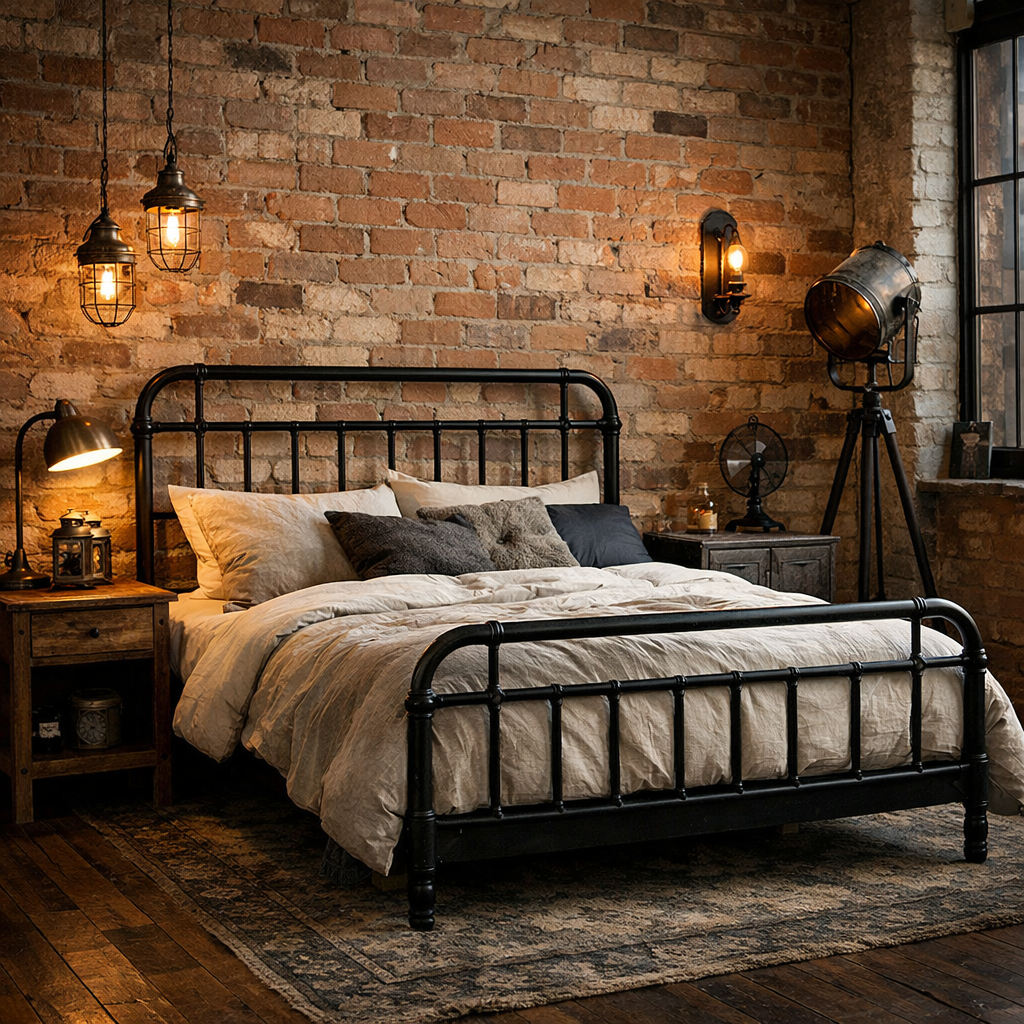 A rustic bedroom featuring a black metal bed frame, exposed brick wall, vintage lighting, and wooden furniture.