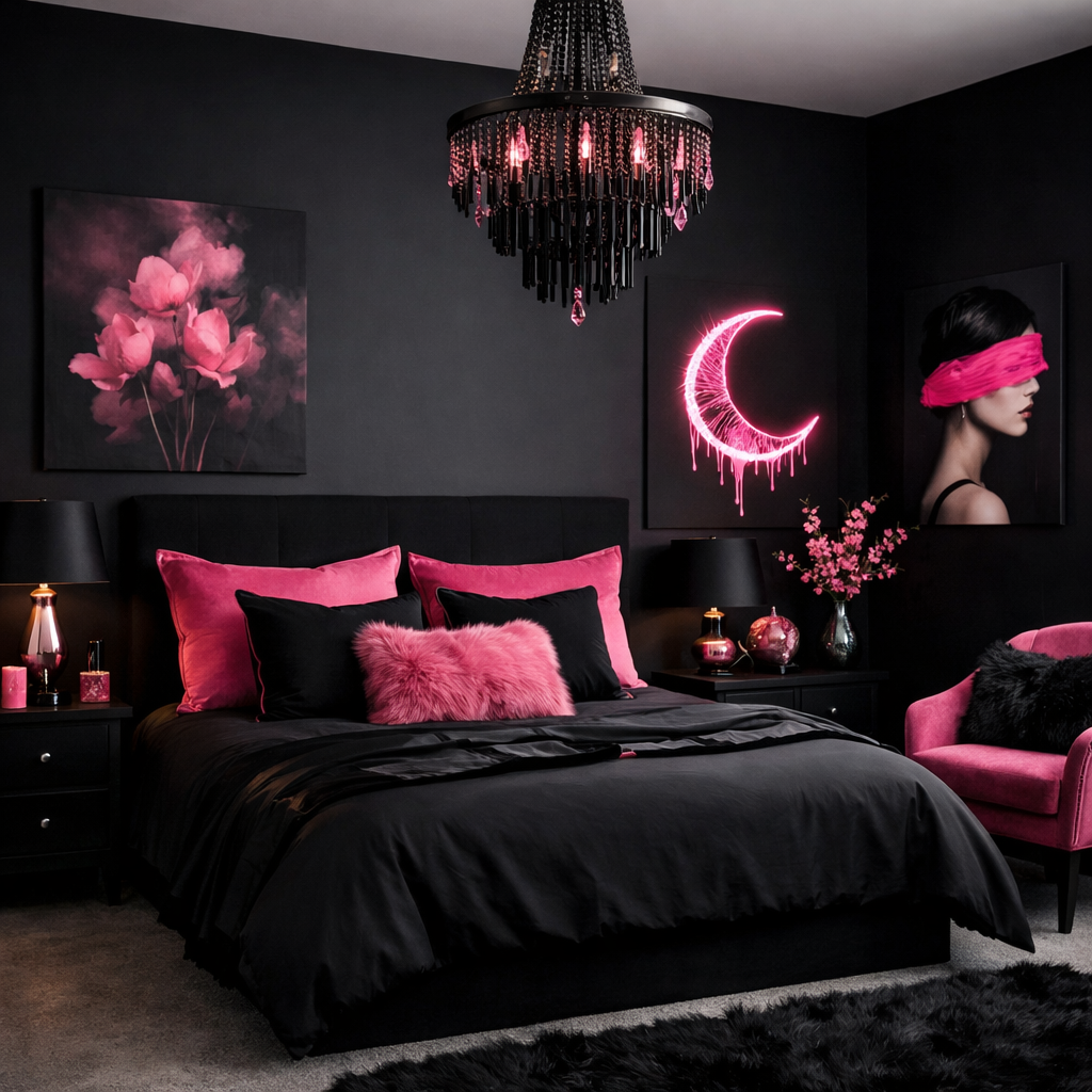 A stylish black bedroom with pink accents, featuring a plush bed, artwork, and a chandelier.