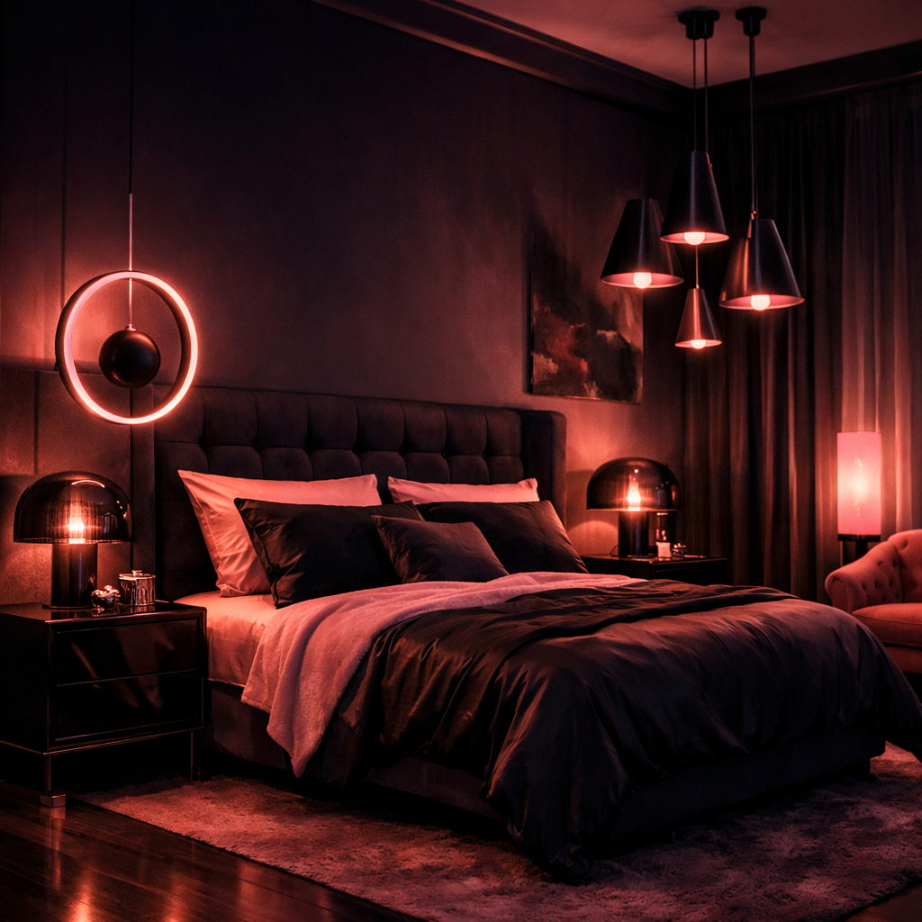 A stylish black and pink bedroom with elegant lighting fixtures.