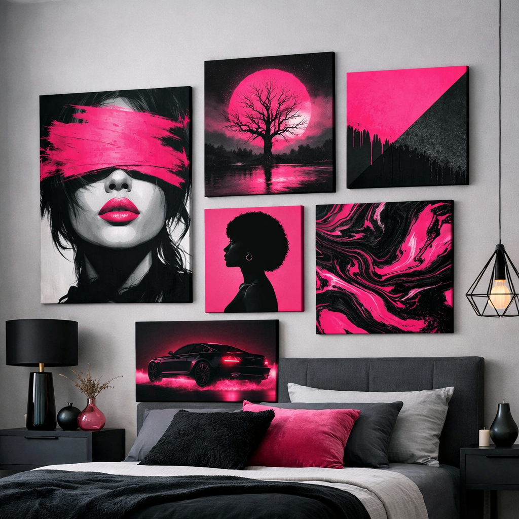 Wall art in a black and pink themed bedroom featuring various artworks.