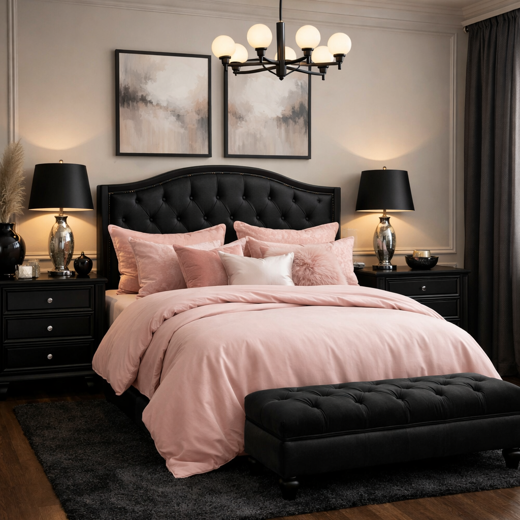 A beautifully styled bedroom featuring black furniture and soft pink bedding with plush pillows.