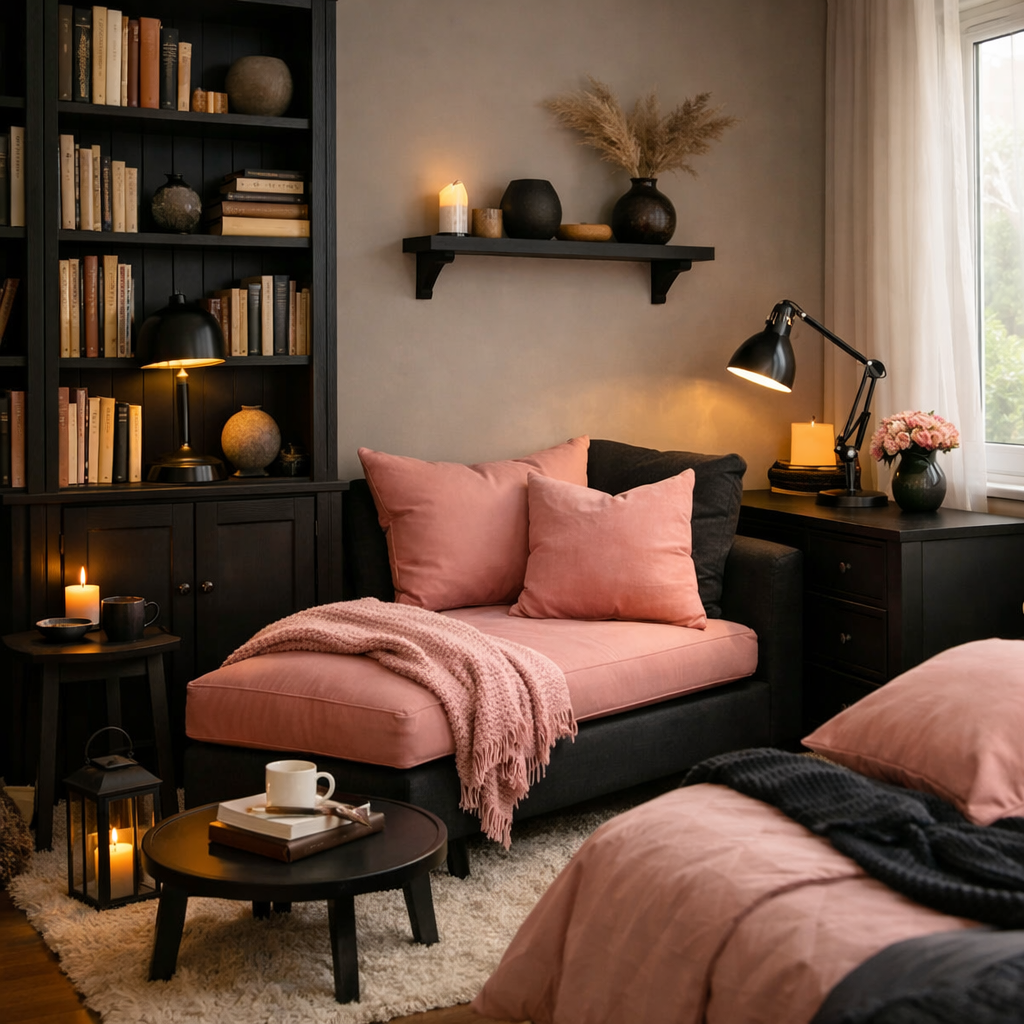 A cozy black and pink reading nook with a chaise lounge, bookshelves, soft lighting, and decorative elements.
