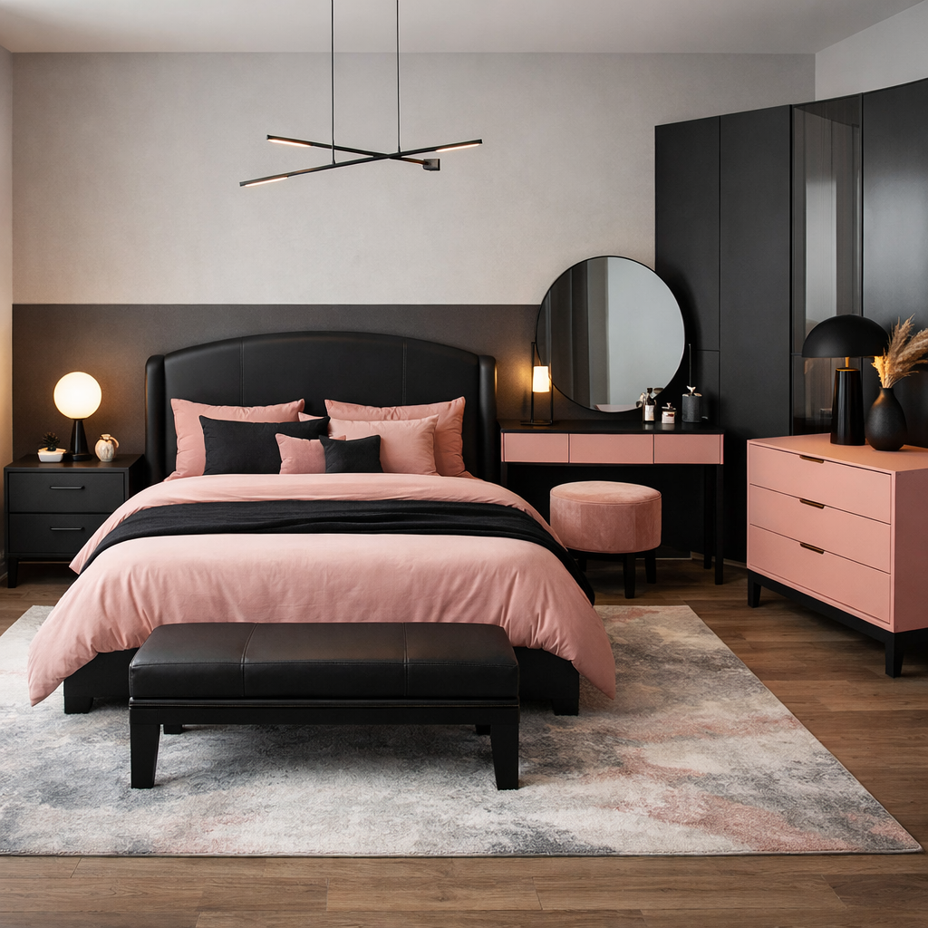 Modern black and pink bedroom with stylish furniture arrangement