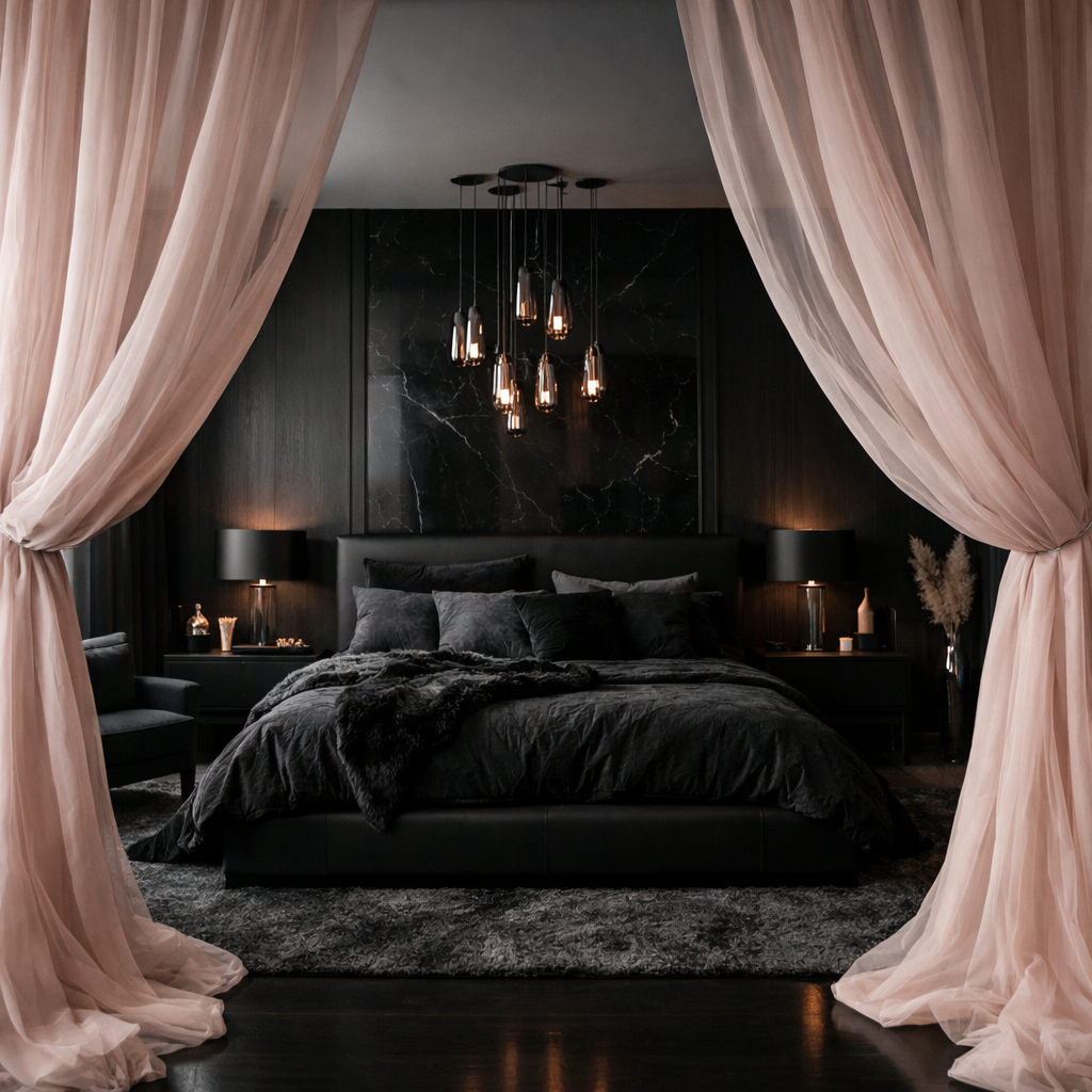 A stylish bedroom featuring pink curtains framing a black-themed interior, with elegant lighting and plush bedding.
