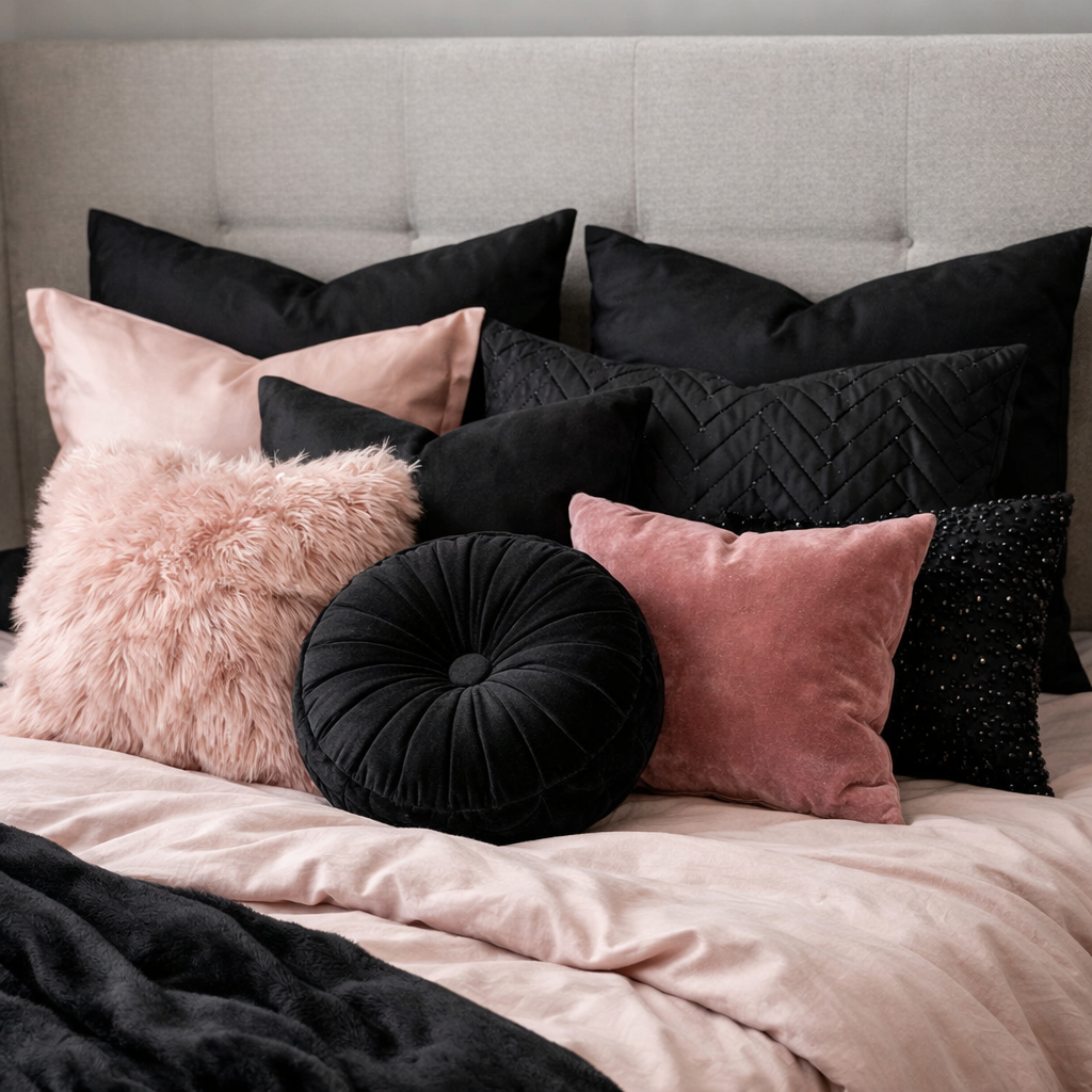 A collection of stylish black and pink accent pillows arranged on a bed.