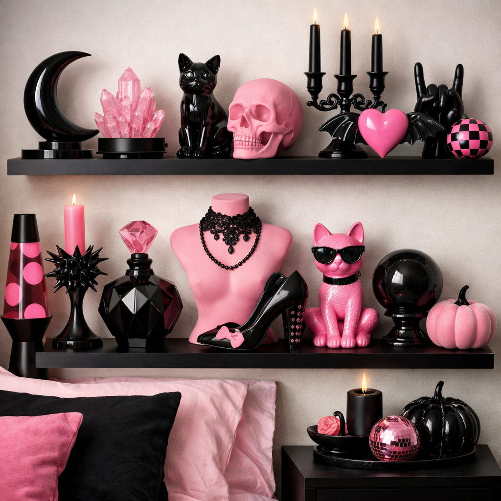 Decorative black and pink accessories on shelves in a stylish bedroom