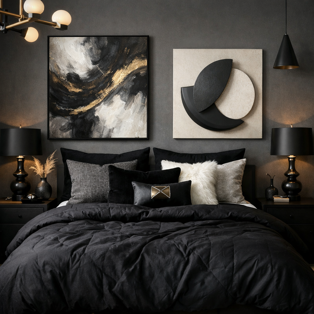 A stylish bedroom featuring a black comforter with various decorative pillows, modern art, and elegant lighting.