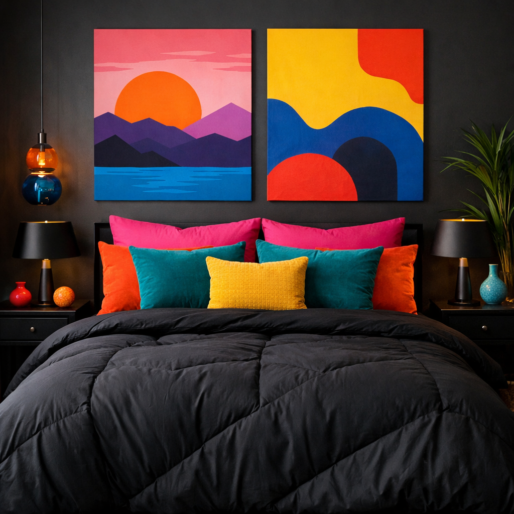 Stylish bedroom featuring a black comforter, colorful pillows, and vibrant wall art.