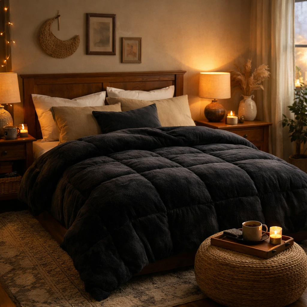 A cozy bedroom featuring a black comforter, warm lighting, and soft textures.