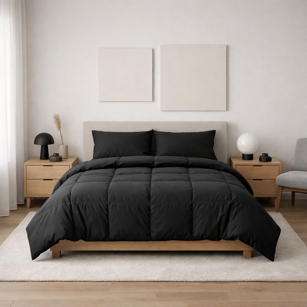 A minimalist bedroom featuring a black comforter on a bed, light wall colors, and wooden furniture.