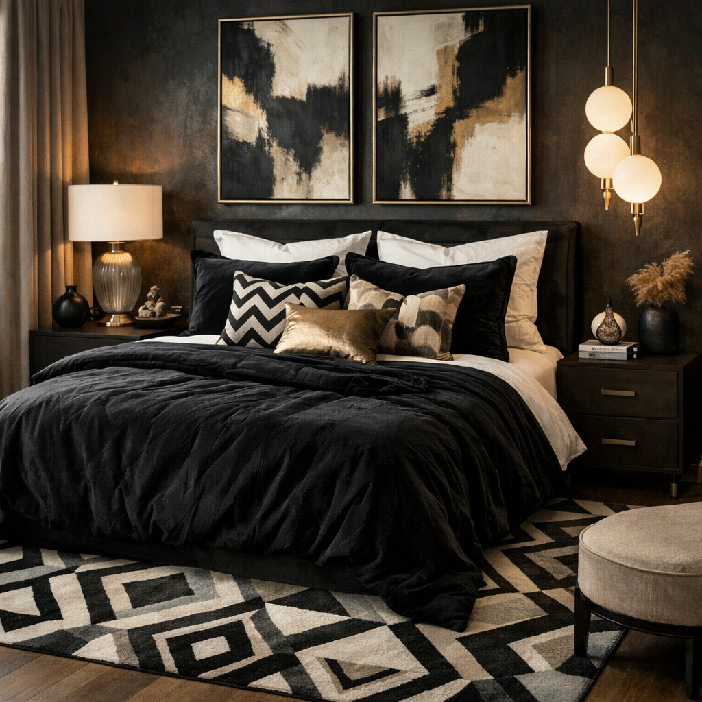 A stylish bedroom featuring a black comforter, patterned pillows, and modern decor.