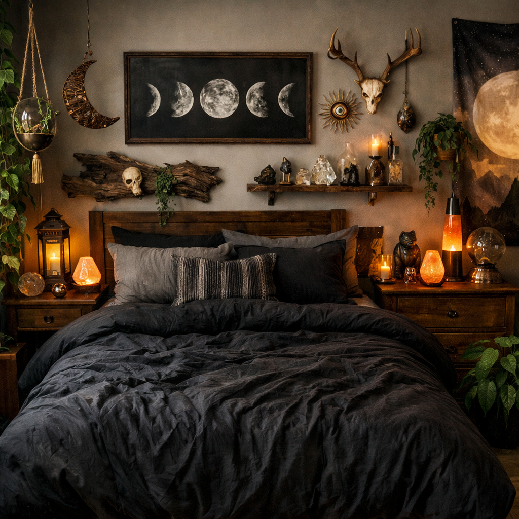 Cozy bedroom with a black comforter, decorated with plants and various warm lighting elements.