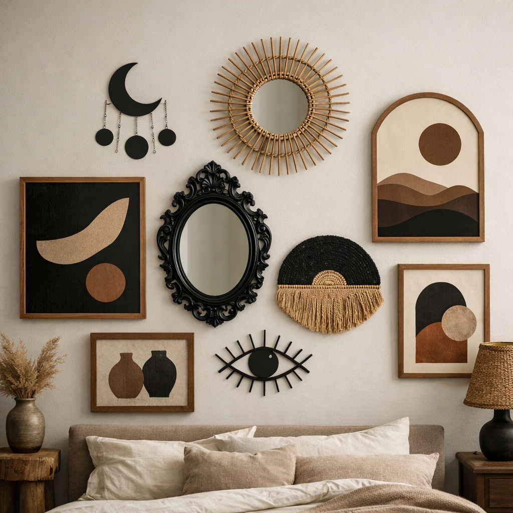 Artistic wall decor in a black and brown bedroom featuring various wall art pieces, mirrors, and woven textures.
