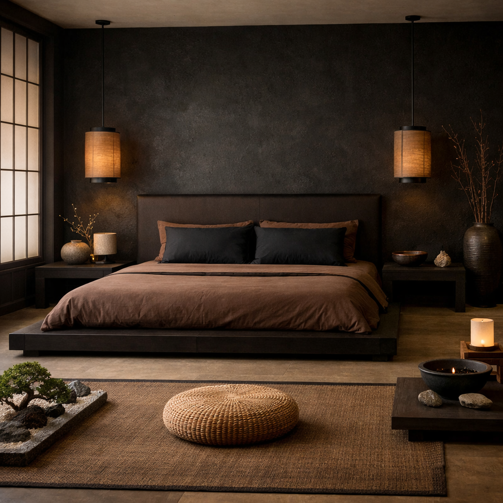 A serene black and brown bedroom designed for relaxation, featuring a low platform bed and warm lighting.