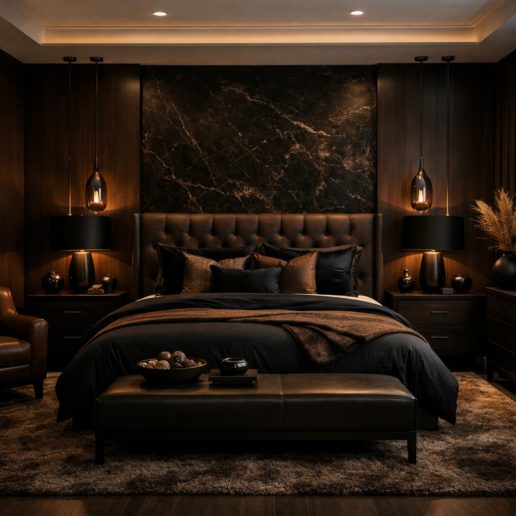 A stylish bedroom featuring a black and brown color palette, with a leather headboard, decorative pillows, and elegant lighting.