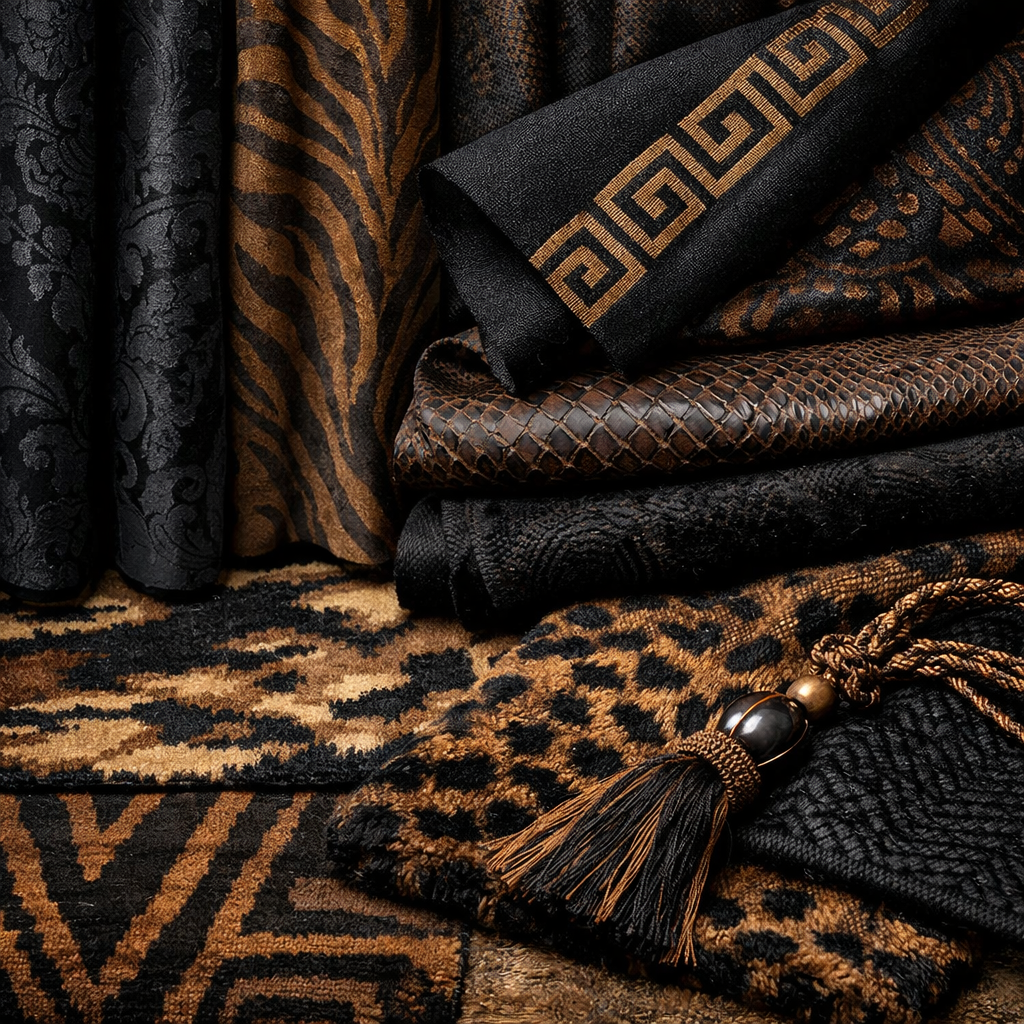 A collection of black and brown fabrics, showcasing various textures and patterns suitable for a stylish bedroom.