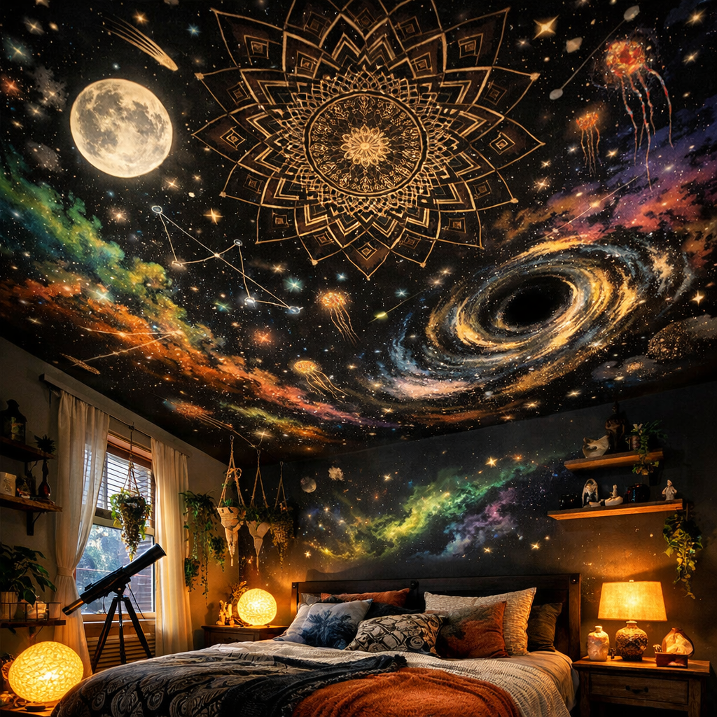 A beautifully decorated bedroom with a black ceiling featuring a cosmic mural of stars, planets, and galaxies.