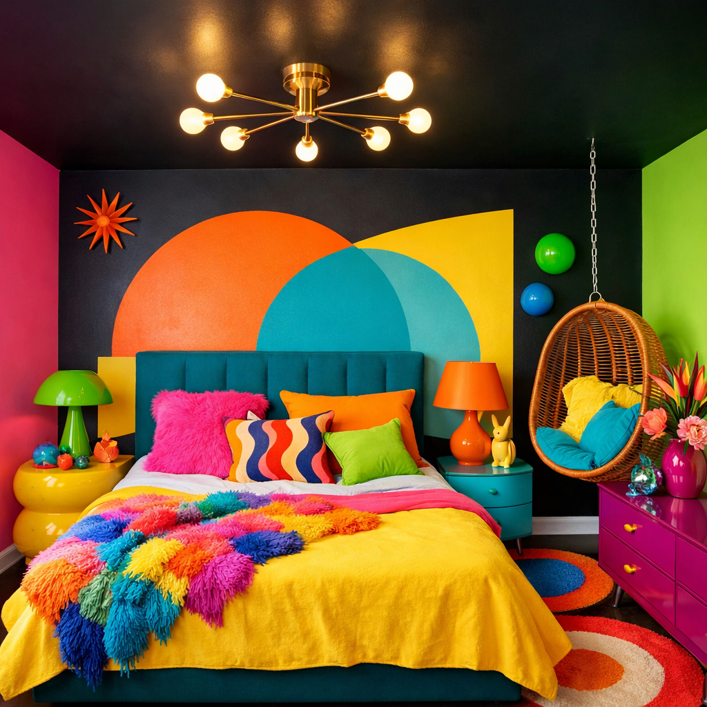 A vibrant bedroom design featuring a black ceiling, colorful walls, and playful decor elements.