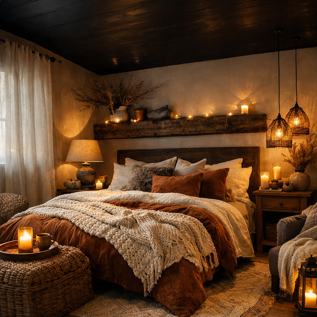Cozy bedroom with a black ceiling, warm lighting, and eclectic decor