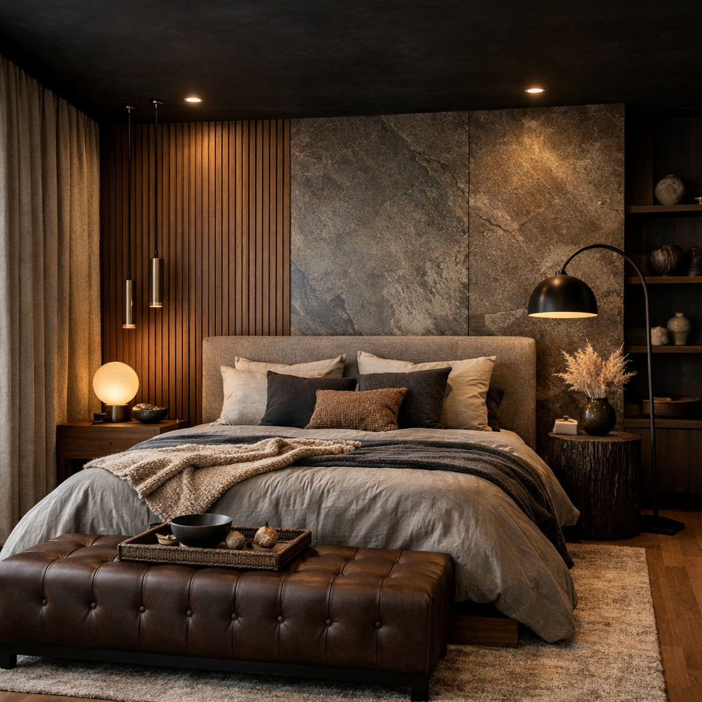A cozy bedroom featuring a black ceiling, textured walls, and a blend of soft and hard materials.
