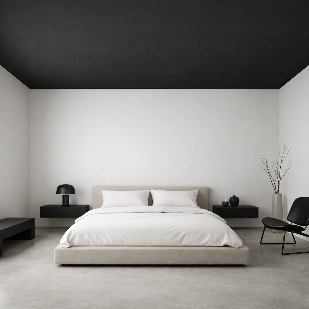 A minimalist bedroom featuring a black ceiling, neutral bedding, and sleek furniture.